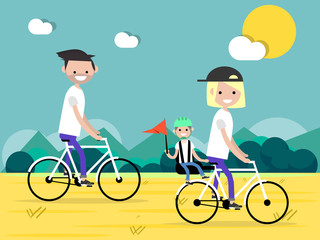 Active family vacation. Dad mom and their child in a child seat riding on bicycles in countryside. Flar cartoon design