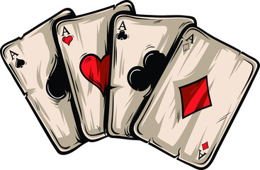 Vier azen poker speelkaarten op witte achtergrond. Kartonnen handgetekende vectorillustratie.