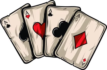 Foto op Plexiglas Voor hem Vier azen poker speelkaarten op witte achtergrond. Kartonnen handgetekende vectorillustratie.