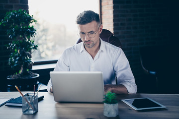 Close up photo handsome he him his macho guy best boss having online currency business chat email...