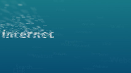 Light blue background with different words, which deal with internet. Blurred type super. The word internet contains a vast of words inside. Close up. Copy space. 3D.