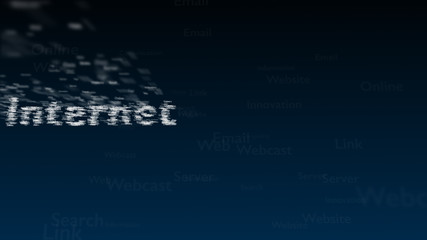 Deep blue background with different words, which deal with internet. Blurred type super. The word internet contains a vast of words inside. Close up. Copy space. 3D.