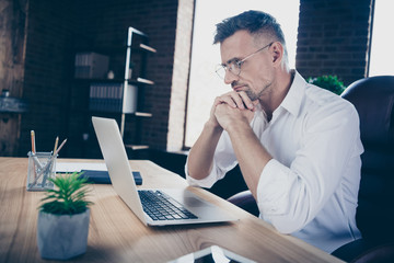 Close side profile up photo handsome he him his macho guy ponder pensive hands arms chin online...