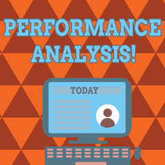 Obraz premium Conceptual hand writing showing Perforanalysisce Analysis. Concept meaning analyzing Productivity imrpove Quality input Time Computer Mounted on Stand with Online Profile Data on Screen