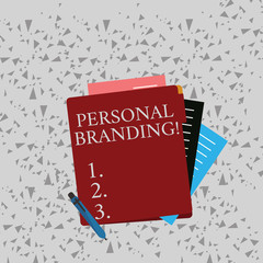 Word writing text Personal Branding. Business photo showcasing practice of showing marketing themselves and their careers Colorful Lined Paper Stationery Partly into View from Pastel Blank Folder