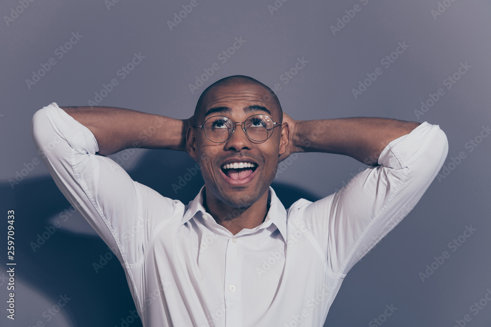 Poster close up photo amazing stunning dark skin he him his macho arms hands behind head perfect good mood 