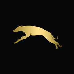 Creative and Minimalist Running and Jumping Whippet Dog Logo Design , Editable in Vector Format in Black and Gold Color