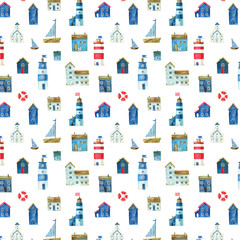 Fototapeta premium Seamless pattern with nautical theme, cute houses, lighthouses and boats for your design. Watercolor illustration. For fabric, scrapbooking, wrapping paper and more.