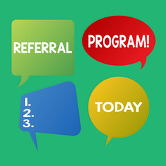 Word writing text Referral Program. Business photo showcasing internal recruitment method employed by organizations Blank Speech Bubble Sticker in Different Shapes and Color for Multiple Chat