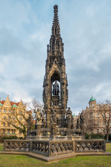 Czech Republic, Prague. Kranner's Fountain or the Hold of Czech Estates is a neo-Gothic monument located in the National Awakening Park on the Smetana Embankment in the Old Town in the Prague 1.