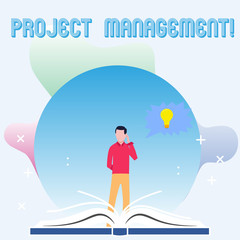 Text sign showing Project Management. Business photo showcasing practice of initiating planning controlling work team Man Standing Behind Open Book, Hand on Head, Jagged Speech Bubble with Bulb