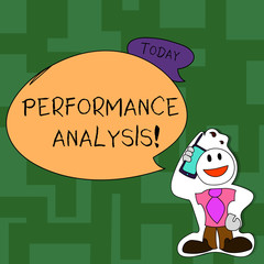 Text sign showing Perforanalysisce Analysis. Business photo text analyzing Productivity imrpove Quality input Time Smiley Face Man in Necktie Holding Smartphone to his Head in Sticker Style