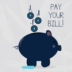 Conceptual hand writing showing Pay Your Bill. Concept meaning amount of money to be paid as to workmen or for service Piggy Bank Sideview and Dollar Coins Falling Down to Slit