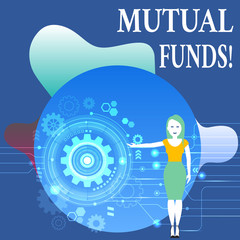 Writing note showing Mutual Funds. Business concept for investment funded shareholders trades in diversified holdings Woman Presenting the SEO Process with Cog Wheel Gear inside