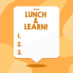 Conceptual hand writing showing Lunch And Learn. Concept meaning defiend as seminar offered during free lunch to test it Blank White Speech Balloon Floating with Punched Hole on Top