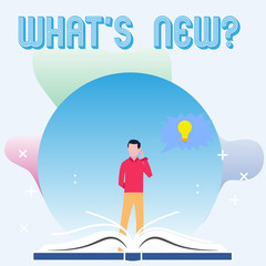 Text sign showing What S New Question. Business photo showcasing you ask someone about his current live events actions Man Standing Behind Open Book, Hand on Head, Jagged Speech Bubble with Bulb