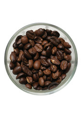 Isolated coffee beans in a glass bowl on white background.
