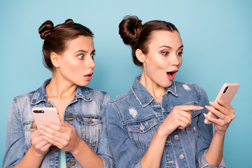 Close up photo of impressed shocked students looking sales notification notice indicate news...