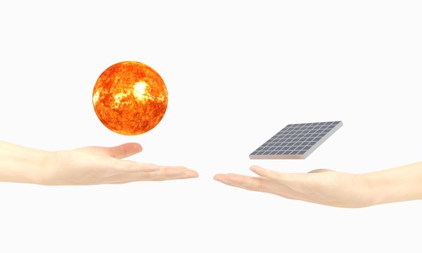 Solar energy illustration with two hands, sun and solar panel 3D illustration