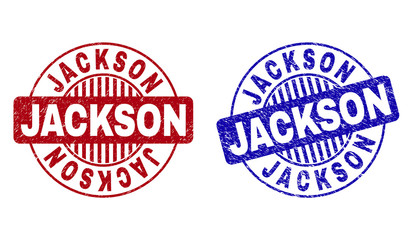 Grunge JACKSON round stamp seals isolated on a white background. Round seals with grunge texture in red and blue colors. Vector rubber imitation of JACKSON label inside circle form with stripes.