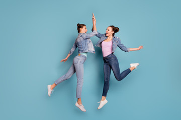 Great job Full length body size view profile side photo of cheerful excited isolated teenagers...