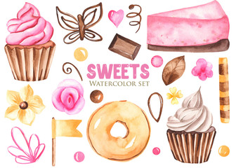 Watercolor set of sweets. Donuts, cheesecakes, cakes, sweets, muffins, chocolate. Sweet desserts for cards, invitations, birthdays, cafes, menus and more.