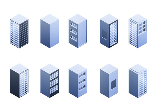 Set of isometric 3d data center, hosting or server boxes isolated on white background. Digital technology conceptual elements. Vector illustration.