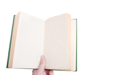 man holding an open book on an isolated white background