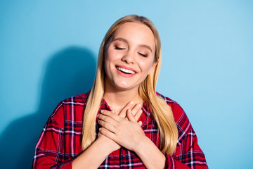 Fototapeta premium Close-up portrait of her she nice-looking charming cute lovely sweet tender shine attractive cheerful cheery lady closed eyes dreaming isolated over teal turquoise bright vivid shine background