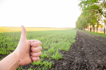 hand of a guy showing a laik outdoors in a field