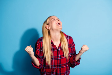 Fototapeta premium Close-up portrait of her she nice-looking charming cute lovely winsome attractive cheerful cheery crazy emotional lady celebrating win isolated over teal turquoise bright vivid shine background