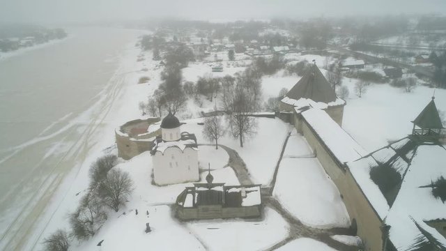 The Old Ladoga fortress on a foggy February day (aerial video). Staraya Ladoga, Russia