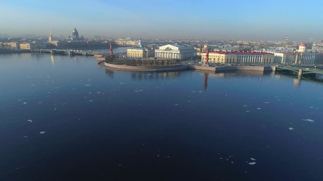 View of the spit of Vasilievsky island on a Sunny April morning (aerial video). Saint Petersburg, Russia 