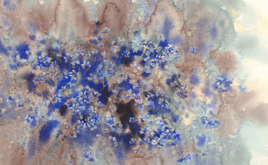 Blue flowers in the spring forest watercolor background.