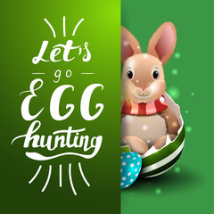 Let's go egg hunting, green postcard template with lettering and Easter Bunny in egg