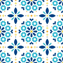 Stof per meter Lissabon Azulejos betegelt naadloos vectorpatroon - Portugees retro oud tegelmozaïek, decoratief ontwerp in turkoois en geel © redkoala