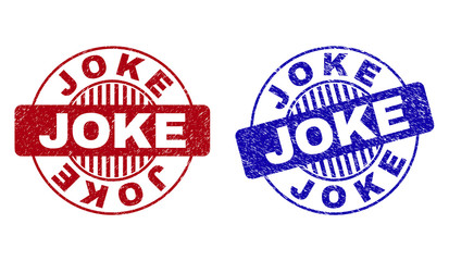 Grunge JOKE round stamp seals isolated on a white background. Round seals with grunge texture in red and blue colors. Vector rubber imitation of JOKE text inside circle form with stripes.