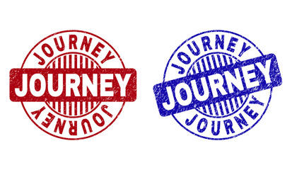 Grunge JOURNEY round stamp seals isolated on a white background. Round seals with grunge texture in red and blue colors. Vector rubber imprint of JOURNEY caption inside circle form with stripes.