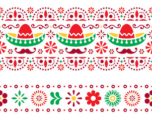Mexican seamless vector pattern with sombrero, mustache and flowers - textile, wallpaper design