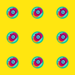 Camera on a yellow background. Seamless pattern. Vector graphics. Flat style.