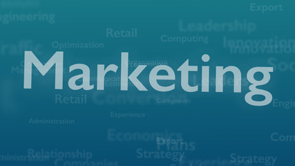 Light blue background with subject words, which deal with marketing. The bold word is situated on the centre of composition. Close up. Copy space. 3D.