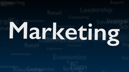 Deep blue background with subject words, which deal with marketing. The bold word is situated in the centre of composition. Close up. Copy space. 3D.