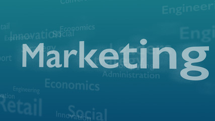 Light blue background with subject words, which deal with marketing. The bold word is situated on the centre of composition. Close up. Copy space. 3D.