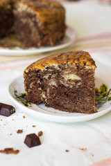 Sliced tasty chocolate cake on table. Tasty chocolate  homemade cake. Tasty sweet dessert. Fresh Homemade bakery products.