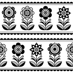 Skandynawski bezszwowe sztuka ludowa wektor wzór z kwiatów i serc, Nordic ornament design - czarno-białe długie paski - 259718403