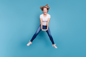 Full length body size view portrait of nice lovely attractive cheerful cheery optimistic crazy wavy-haired lady in casual white t-shirt having fun day fooling isolated over blue background