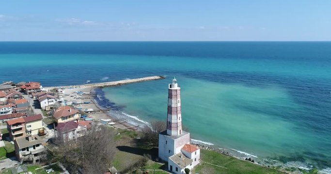 4k aerial footage of the oldest lighthouse on the balkan peninsular, Shabla, Bulgaria