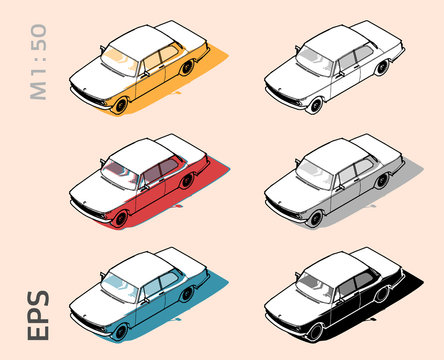 Retro Old Bmw Car Vector Icons Set For Architectural Drawing And Illustation, Iso View