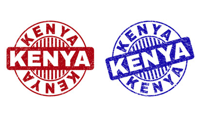 Grunge KENYA round stamp seals isolated on a white background. Round seals with grunge texture in red and blue colors. Vector rubber imitation of KENYA text inside circle form with stripes.