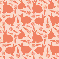 Seamless pattern with rabbits and carrots on a pink background.